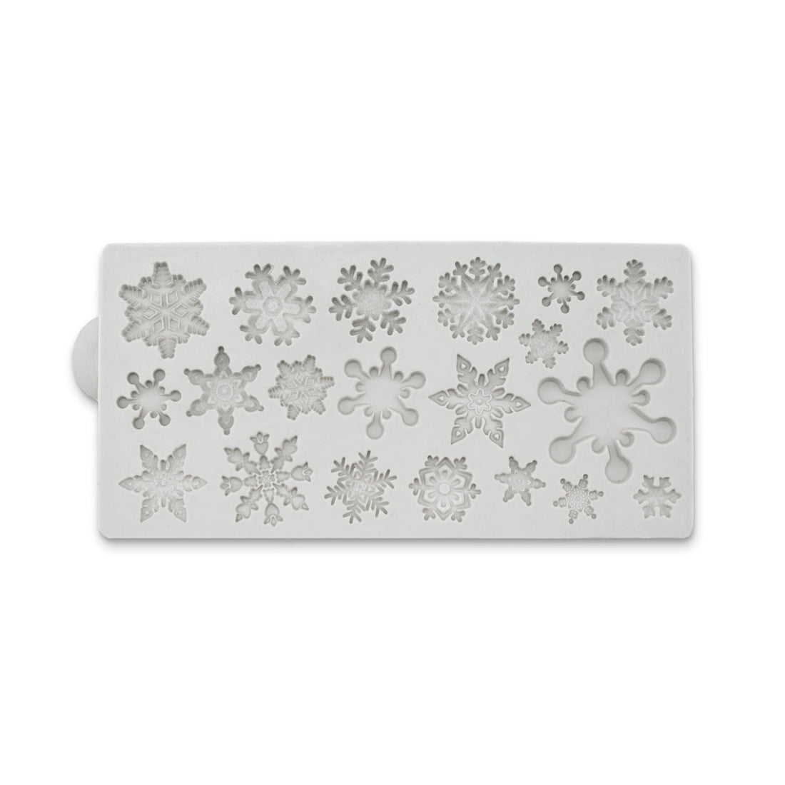 A white silicone mold featuring various snowflake designs. The mold contains multiple impressions of different snowflake shapes and patterns, arranged in a grid layout. Each snowflake varies in size and intricacy, showcasing a range of delicate details. The mold has a rounded handle on one side for easy gripping.