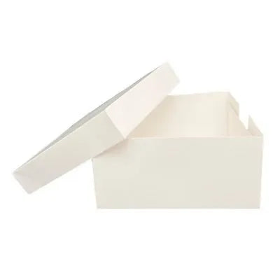 An open white cake box with a removable lid, designed to hold cakes or pastries. The box has a rectangular shape, measuring 6 inches by 6 inches with a height of 5 inches. The interior is empty, showing the spacious design suitable for baked goods.