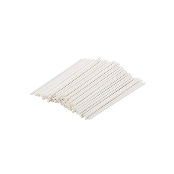 A pile of white cake pop sticks is arranged together. The sticks are thin and cylindrical, appearing uniform in size and color, suitable for use in creating cake pops or similar treats. There are a total of 100 sticks visible in the image.