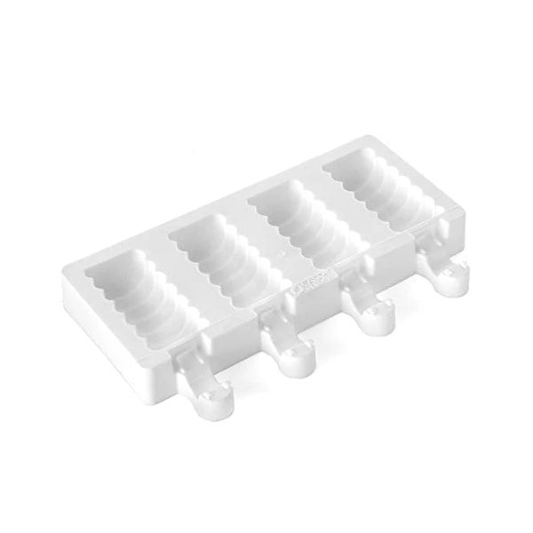 A white silicone mould with four cavities designed for making cakesickles. Each cavity has a wavy interior pattern, and there are three small, protruding handles for easy removal. The mould is rectangular in shape.