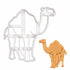 A white plastic camel-shaped cookie cutter is displayed next to a completed cookie shaped like a camel. The cookie is light brown with details that resemble a camel&