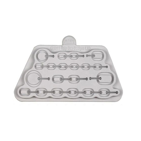 The image shows a silicone mold designed for creating chain-shaped items. The mold is white and features several patterns of chains and circular links arranged in parallel rows. At the top, there is a small handle for easy removal. The mold has a smooth surface and is intended for use in crafting or baking.