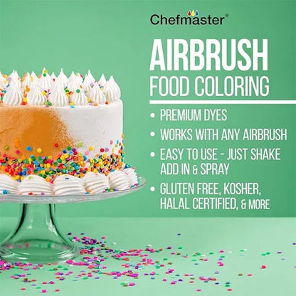 Advertisement for Chefmaster airbrush food coloring with a cake and sprinkles on a green background.