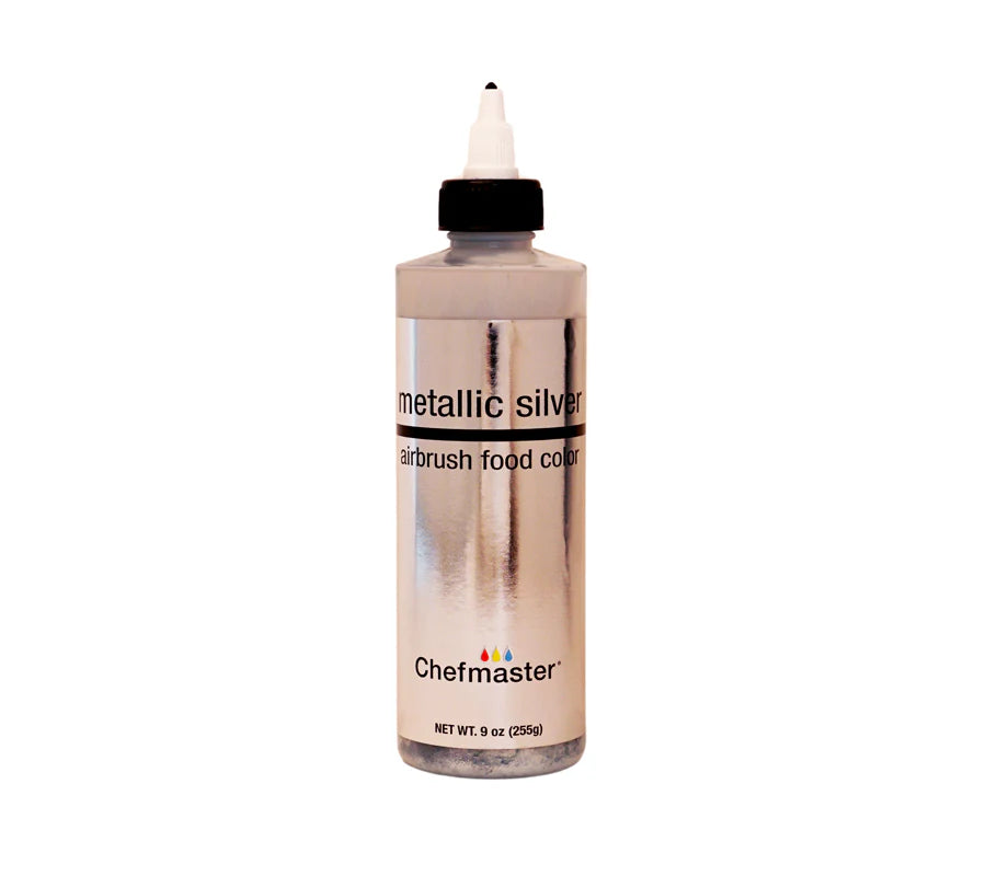 Bottle of Chefmaster metallic silver airbrush food color on a white background