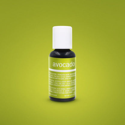 A bottle of Chefmaster Liqua-Gel food coloring in Avocado color, with a white cap on a green background.