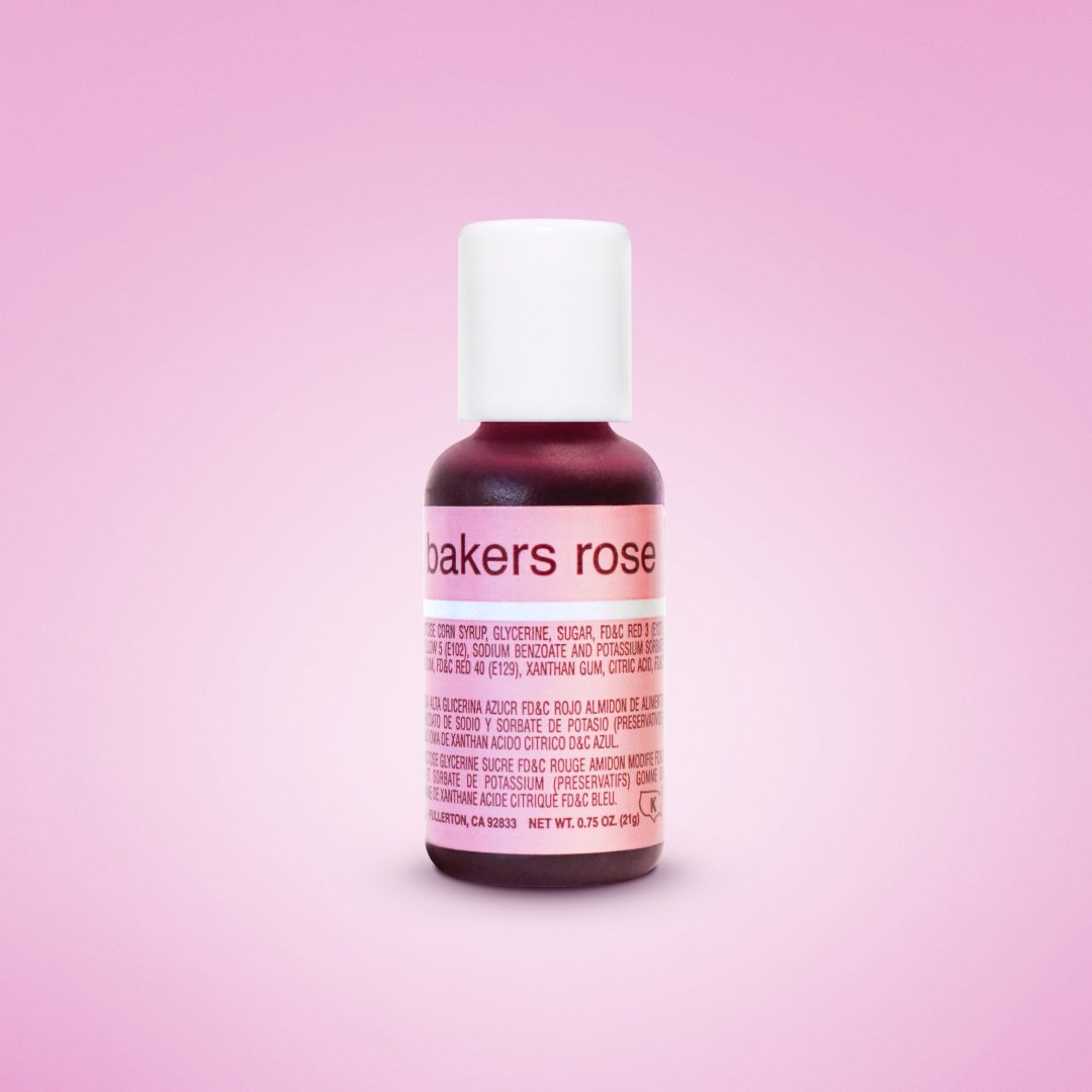 A bottle of Chefmaster Liqua-Gel food coloring in Bakers Rose color, 0.7oz size, on a pink background.