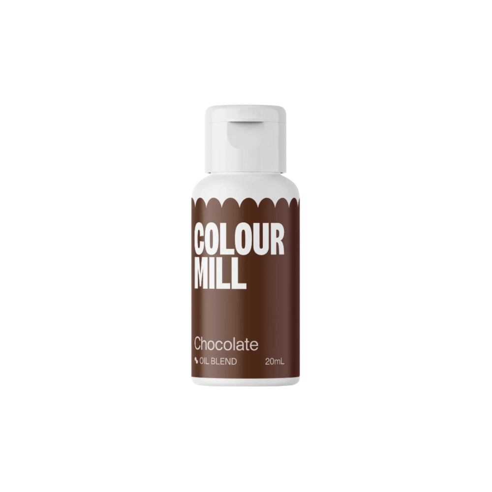 A bottle of Colour Mill oil-based food color in chocolate flavor, with a white lid and a dark brown body. The label features the words "COLOUR MILL" prominently in white letters on the upper part, with "Chocolate" and "Oil Blend" written in smaller text below, along with a measurement of "20ml" at the bottom. The design is clean and modern, with a distinct scalloped edge design near the top of the bottle.
