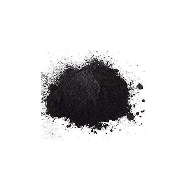 A small mound of fine black powder is displayed against a plain white background. The powder has a slightly textured surface, with some scattered particles around it.