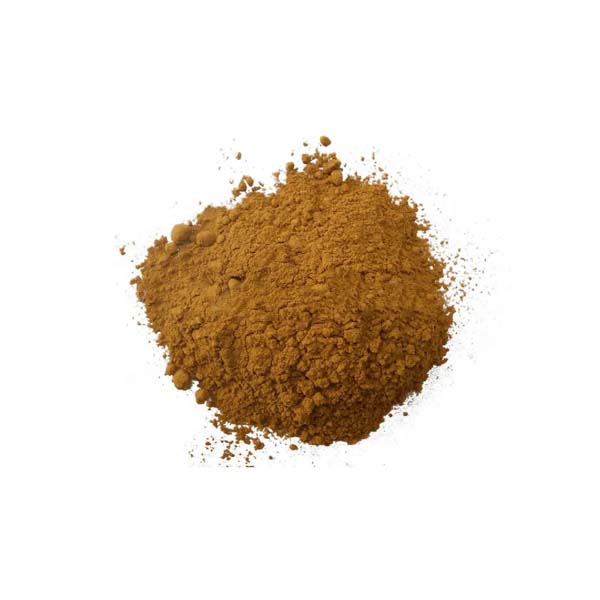 A mound of brown powder is centered in the image, with a texture that appears fine and slightly grainy. The color is a rich, earthy brown. The background is white, providing a clear contrast to the powder. This product is labeled as &