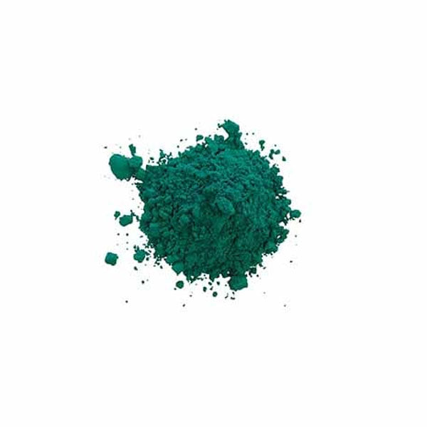 A mound of vibrant green powder on a plain white background, representing a product labeled &