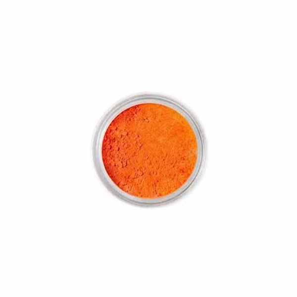 A circular container filled with vibrant orange color powder. The powder appears fine and has a bright, rich shade of orange, occupying most of the container&