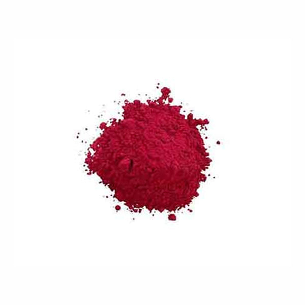 A pile of vibrant pink powder is displayed against a plain white background. The powder has a textured, slightly coarse appearance, indicating it is a loose pigment.