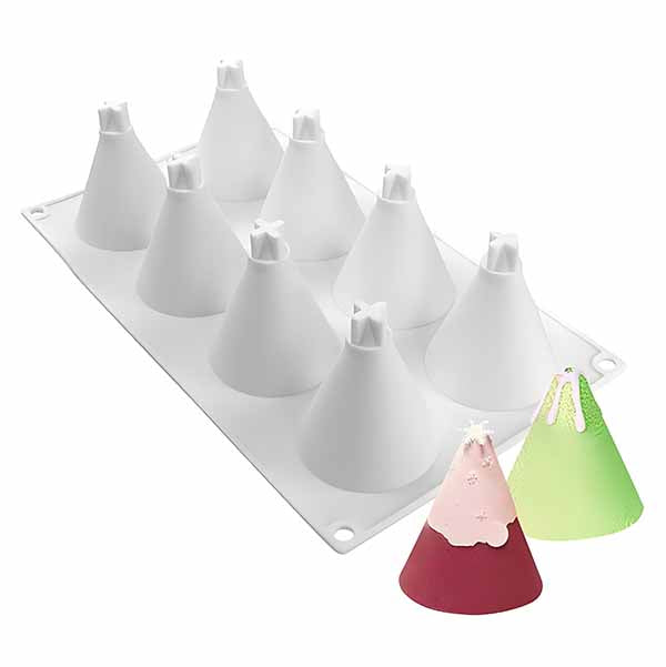 A silicone mould featuring ten conical cavities arranged on a rectangular base. Next to the mould, there are three decorative cones filled with colored mixtures; one is green with a white topping, the second is pink, and the third is red. The mould is white, and the conical shapes are designed for creating treats.