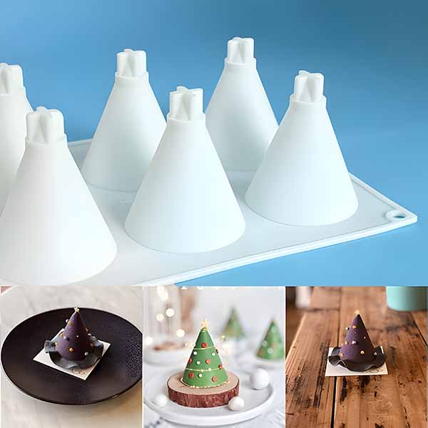 The image features several circular cone-shaped silicone molds displayed on a tray. The molds are predominantly white and designed to create cone-shaped items, such as festive decorations or cakes. In the lower section of the image, there are three finished products made with the molds: one is a dark chocolate-colored cone with colorful dots placed on a black plate, another is a green cone with similar decorations on a white plate with a wooden base, and the third is a purple cone also adorned with dots, si