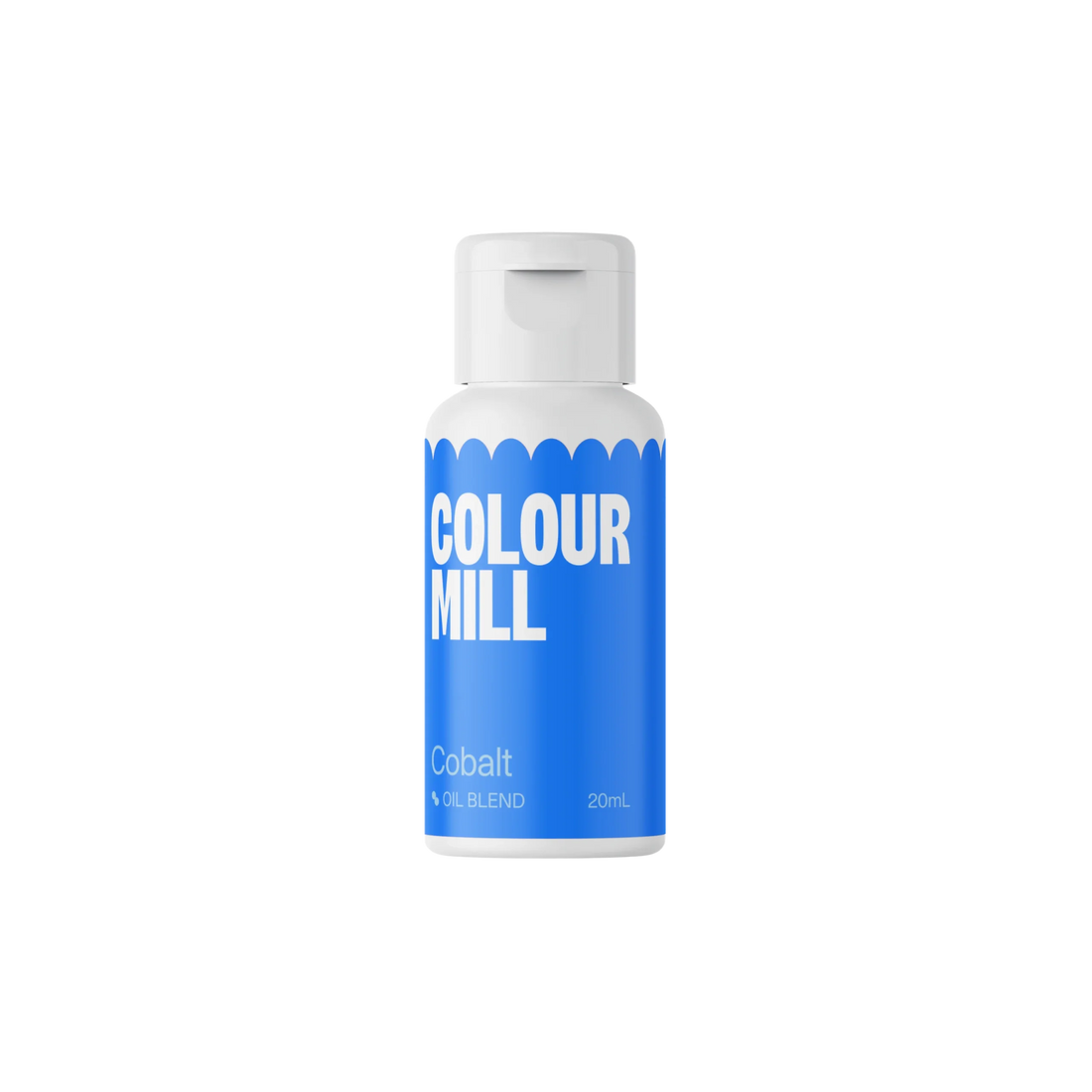 A bottle of Colour Mill oil-based food color in cobalt, 20ml. The bottle features a blue label with the text &quot;COLOUR MILL&quot; in bold white letters, and &quot;Cobalt&quot; along with &quot;Oil Blend&quot; and &quot;20ml&quot; printed in smaller text. The bottle has a white cap and a design with a scalloped edge at the top.