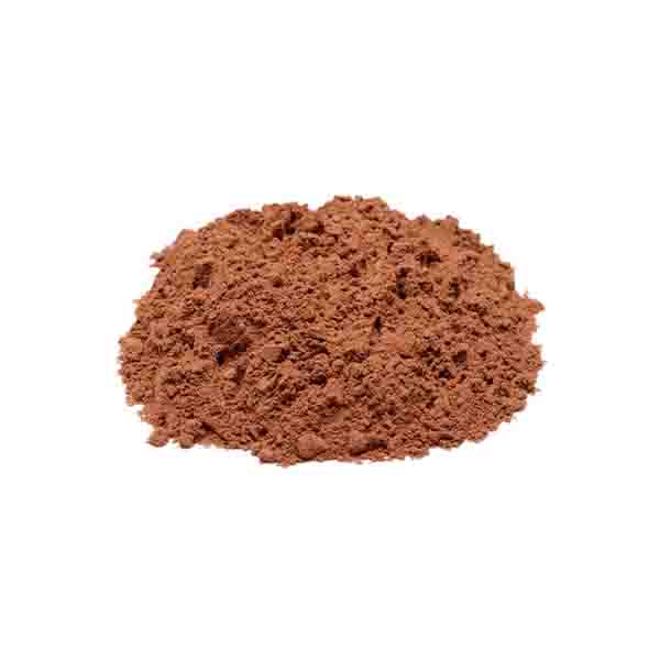 A mound of cocoa powder, showcasing a rich reddish-brown color and a fine, powdery texture. The cocoa powder is arranged in a heap on a plain white background.