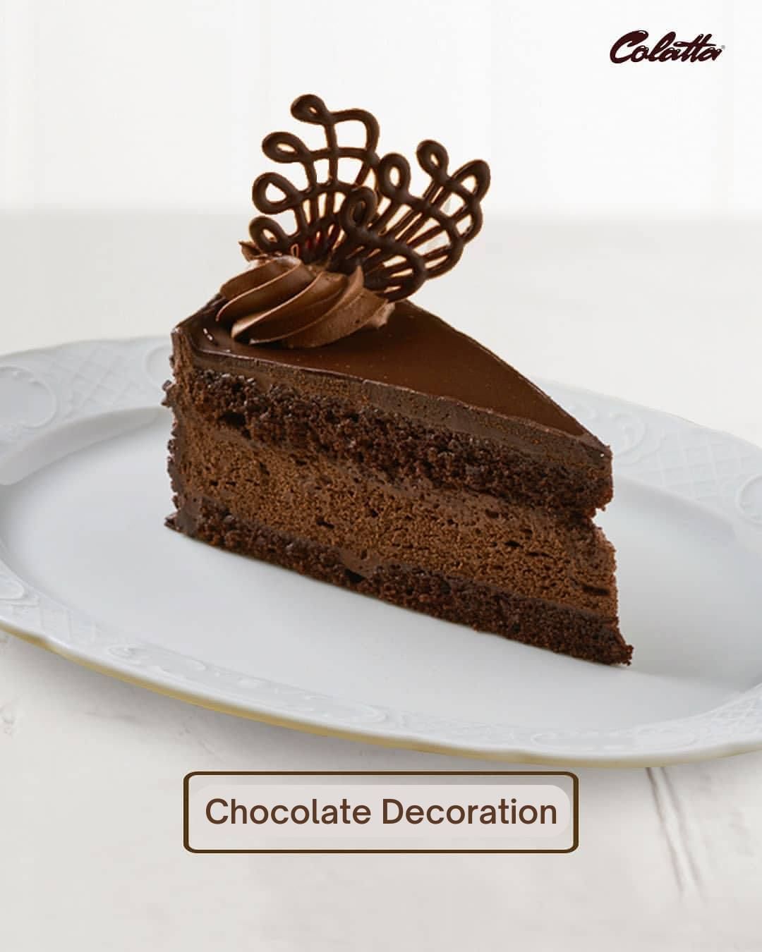 A slice of rich dark chocolate cake is presented on a white plate. The cake features multiple layers, with a smooth chocolate frosting on top and intricate chocolate decorations resembling a delicate design. The scene includes a label that reads &quot;Chocolate Decoration.&quot; The background is minimal and softly lit.