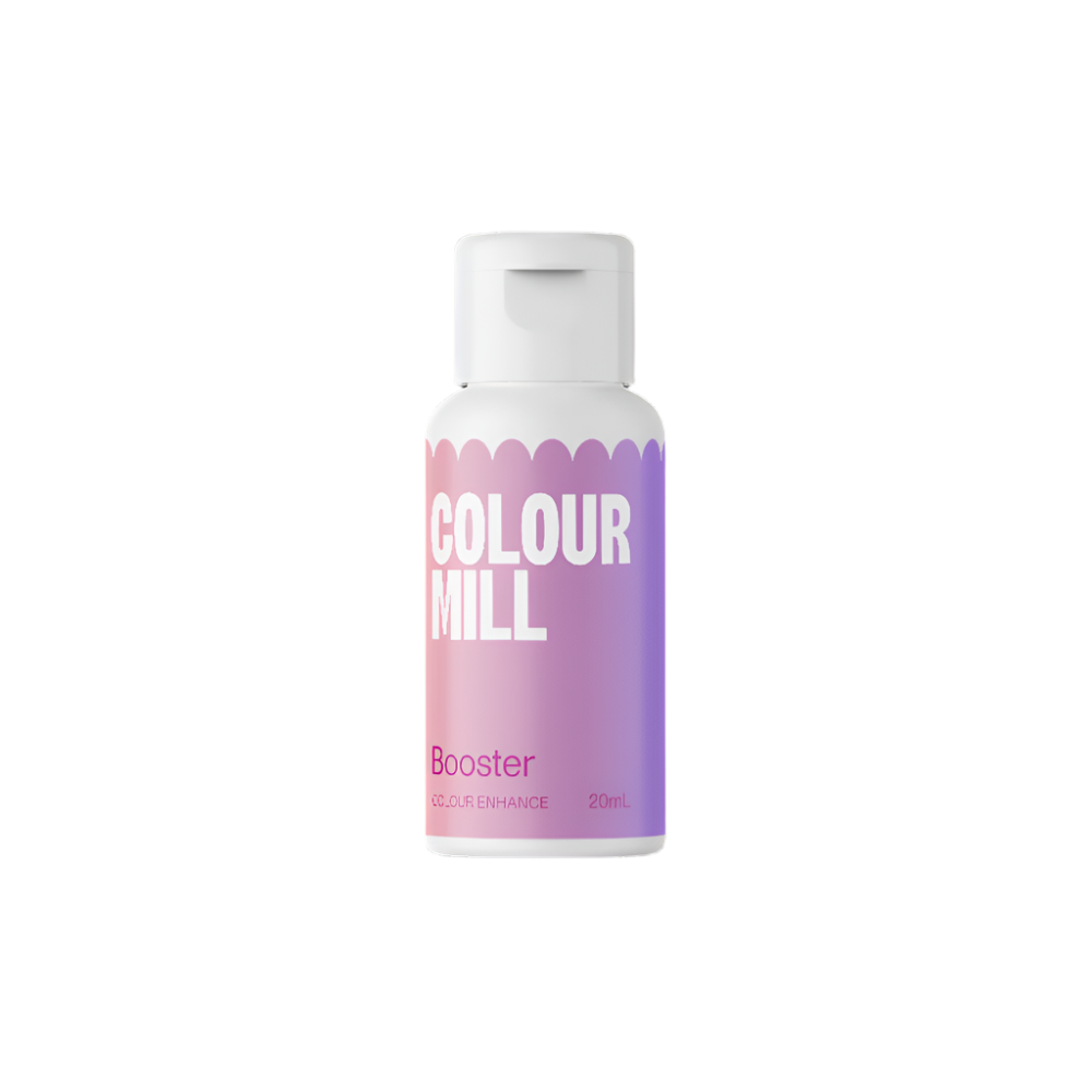 A bottle of Colour Mill oil-based food colour booster. The bottle is white with a gradient design in shades of pink and purple. The label features the text "COLOUR MILL" in large white letters, "Booster" in smaller pink text, and "20ml" at the bottom. The bottle has a flip-top cap.