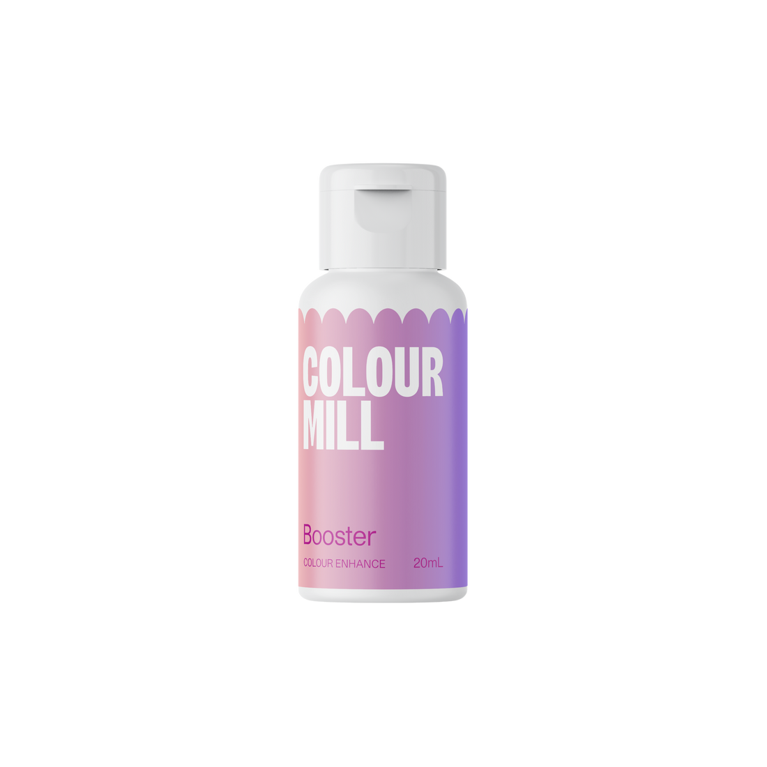 A bottle of Colour Mill oil-based food colour booster. The bottle is white with a gradient design in shades of pink and purple. The label features the text &quot;COLOUR MILL&quot; in large white letters, &quot;Booster&quot; in smaller pink text, and &quot;20ml&quot; at the bottom. The bottle has a flip-top cap.