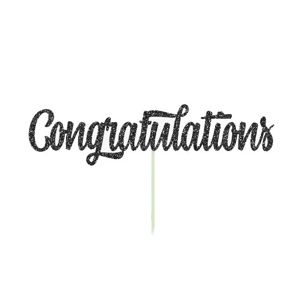 A glittery black cardstock cake topper that reads &quot;Congratulations&quot; in a cursive font, attached to a thin green stick for insertion into a cake.