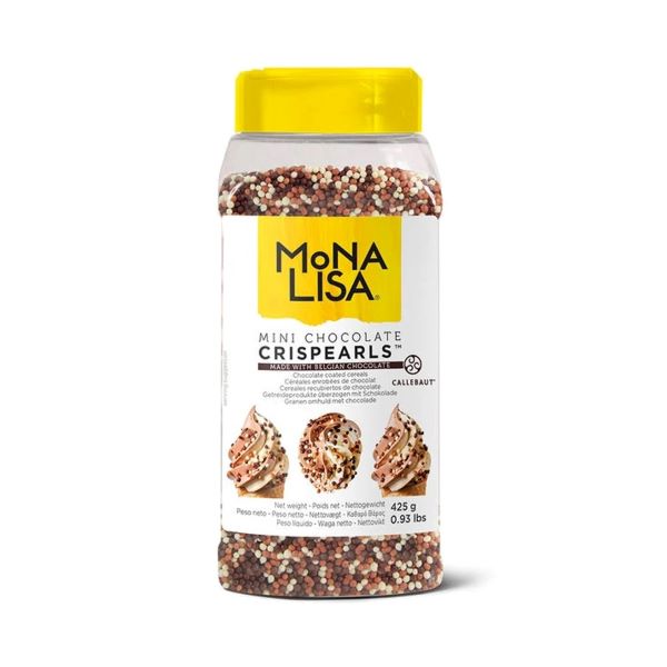 A transparent container with a yellow lid labeled &quot;Mona Lisa Mini Chocolate Crispearls.&quot; The container is filled with colorful, small chocolate-coated balls, and the label features images of dessert swirls topped with the crispearls. The net weight of the product is 425 grams.