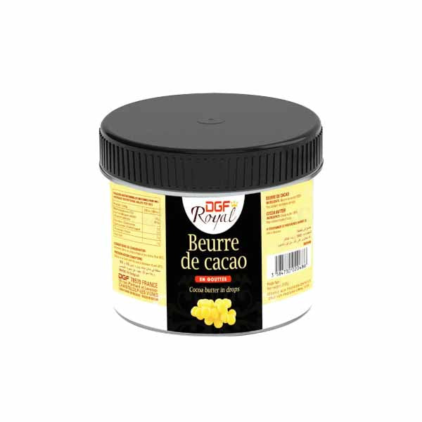 The image features a container of DGF cocoa butter, labeled as &quot;Beurre de cacao,&quot; with a capacity of 200 grams. The container has a black lid and a predominantly yellow and black design, showcasing the product name prominently. The front includes a graphic representation of cocoa butter drops. Nutritional information and additional product details are displayed on the sides of the container.