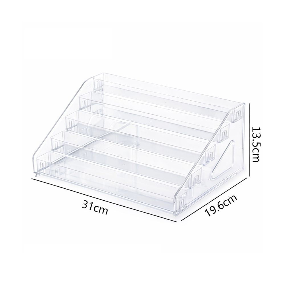 Acrylic display case with four transparent shelves, ideal for displaying collectibles or merchandise.