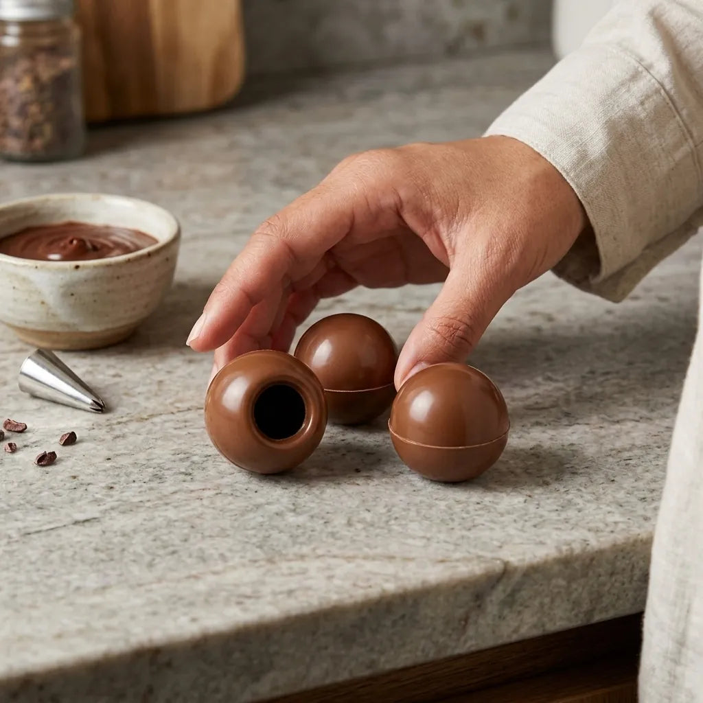 Hand arranging chocolate truffles on a stone surface with a bowl of chocolate filling in the background.