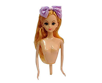 A doll cake figure topper with long, blonde hair and a large purple bow with polka dots. The doll has a smiling face and is designed without legs, featuring a plain torso with arms. The figure is intended to be used as a decorative element on a cake.