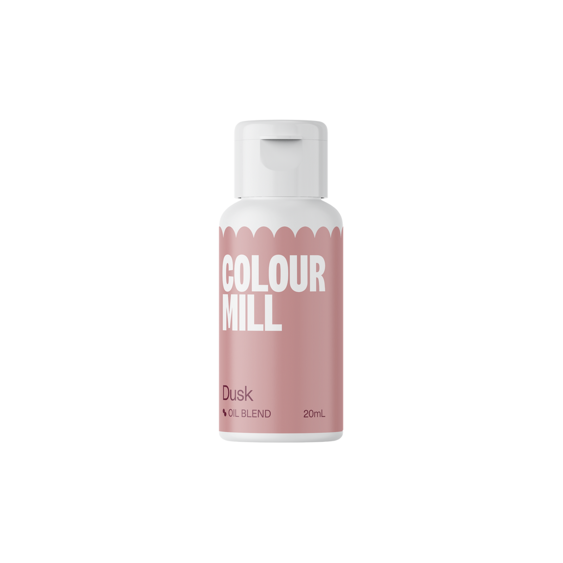 A bottle of Colour Mill oil-based food color in a shade called &quot;Dusk&quot;. The bottle is white with a rounded shape and a flip-top lid. It features bold text stating &quot;COLOUR MILL&quot; in white and &quot;Dusk&quot; below it in a smaller font, along with &quot;OIL BLEND&quot; and &quot;20mL&quot;. The background is plain black.