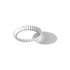 A fluted silver tart pan with a removable bottom, placed against a plain white background. The design conveys simplicity and functionality.