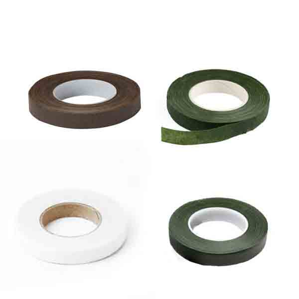 A collection of four rolls of florist tape arranged in a grid. The top left roll is brown, the top right roll is green, the bottom left roll is white, and the bottom right roll is dark green. Each roll has a round core and varies in width.