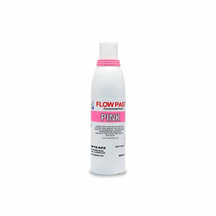 A bottle of Kopykake Flow Paste in pink color. The bottle is white with a pink cap and features a label that reads &quot;FLOW PASTE&quot; in bold red letters and &quot;PINK&quot; in large pink letters. The label also includes instructions and information about the product. The bottle contains 4 oz (118 ml) of concentrated color.