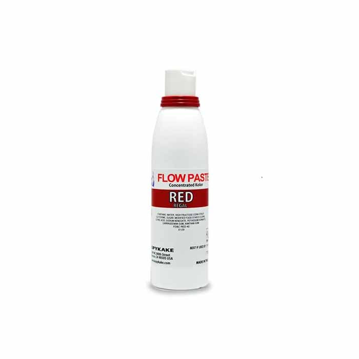 A white bottle of Kopykake Flow Paste, labeled as &quot;Red&quot; in bold red letters. The bottle has a red cap and a nozzle at the top. It is labeled as a concentrated color and includes the brand name &quot;Kopykake.&quot; The volume is stated as 4 oz (118 ml).