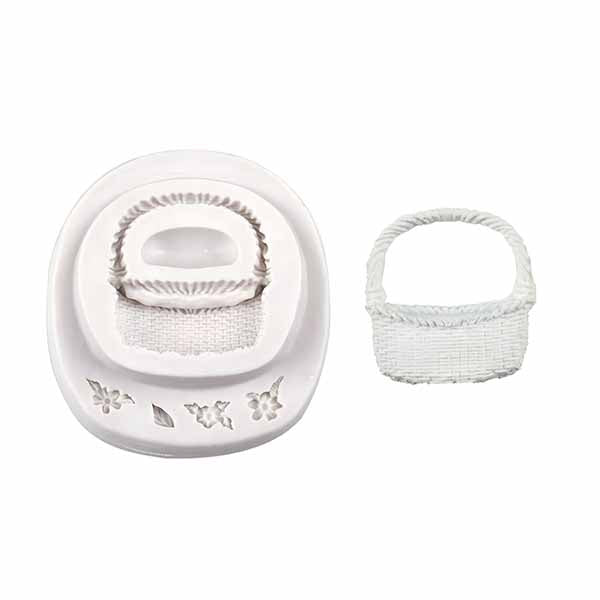 A white silicone mold designed to create a 3D flower basket shape. The left side features an intricate basket design with a textured bottom, a handle, and decorative floral elements carved into the mold. The right side shows a finished cake or dessert in the shape of a similar flower basket, also white in color, showcasing the basket&
