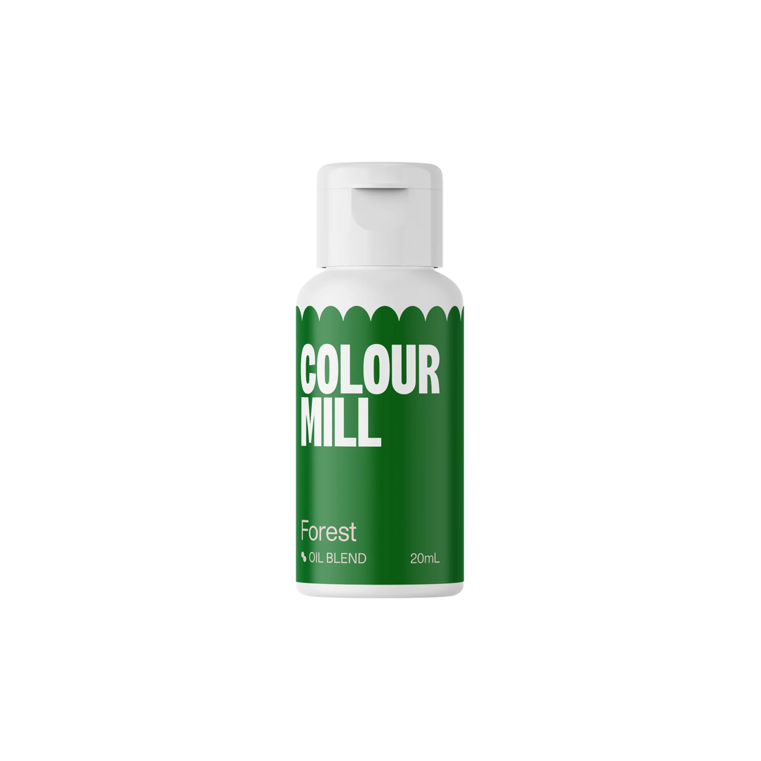 A bottle of oil-based food coloring from Colour Mill, labeled &quot;Forest&quot; in large white letters. The bottle features a green design with a white cap, and has the text &quot;Oil Blend&quot; and &quot;20ml&quot; printed on it. The background is plain and dark, highlighting the product.