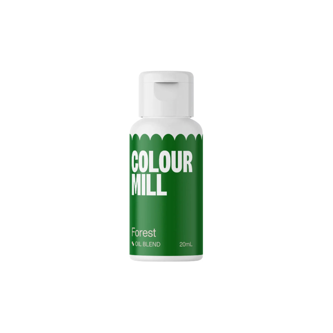 A bottle of oil-based food coloring from Colour Mill, labeled &quot;Forest&quot; in large white letters. The bottle features a green design with a white cap, and has the text &quot;Oil Blend&quot; and &quot;20ml&quot; printed on it. The background is plain and dark, highlighting the product.