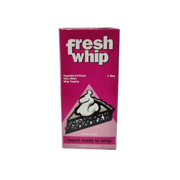 Carton of Fresh Whip liquid ready-to-whip topping with a pink and white design. The packaging states it is vegetable fat-based, ultra white, and ideal for whipping. It features an illustration of whipped topping on a slice of pie and indicates a 1-liter size.