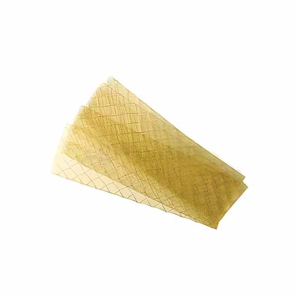 A set of thin, translucent gelatin sheets stacked together, showcasing a light golden color and a slightly glossy surface. The gelatin leaves appear smooth with a grid-like pattern etched on them.