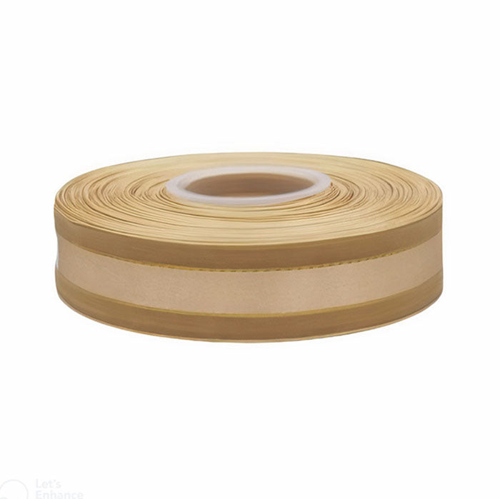 A roll of gold ribbon displayed on a white background. The ribbon is wound neatly around a central core, featuring a shiny gold finish. It has a light brown stripe running around its circumference.