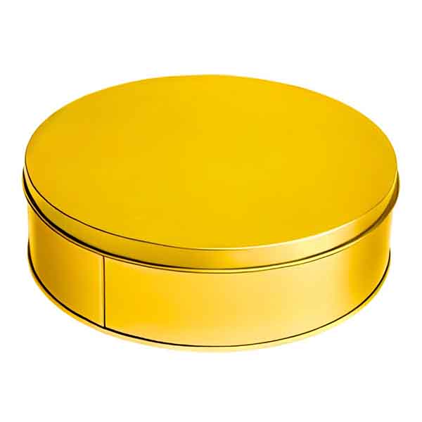 A round cake tin with a shiny gold finish. It features a smooth, flat top and slightly curved sides. The tin has a small, rectangular cutout on one side, indicative of a latch or handle for opening. The overall design is sleek and modern, appropriate for baking or decorating cakes.