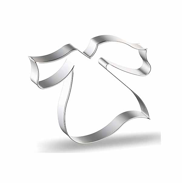 A close-up view of a stainless steel graduation gown-shaped cookie cutter, showcasing its smooth and durable construction, ideal for detailed cookie designs.