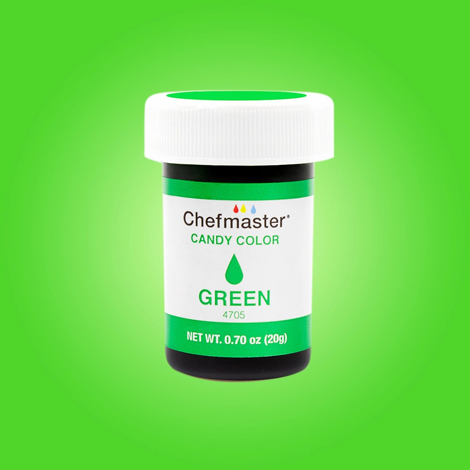 A container of Chefmaster Candy Color in green, weighing 20 grams. The round jar has a white lid and features a white label with the brand name &quot;Chefmaster&quot; at the top, the words &quot;CANDY COLOR&quot; beneath it, and the word &quot;GREEN&quot; prominently displayed. The background is a vibrant green gradient.