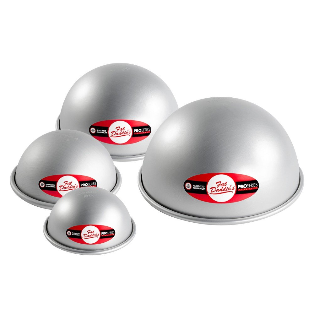 The image displays four hemisphere-shaped baking pans, varying in size. Each pan has a smooth, metallic finish and features a red and white label that reads &quot;Fat Daddio&