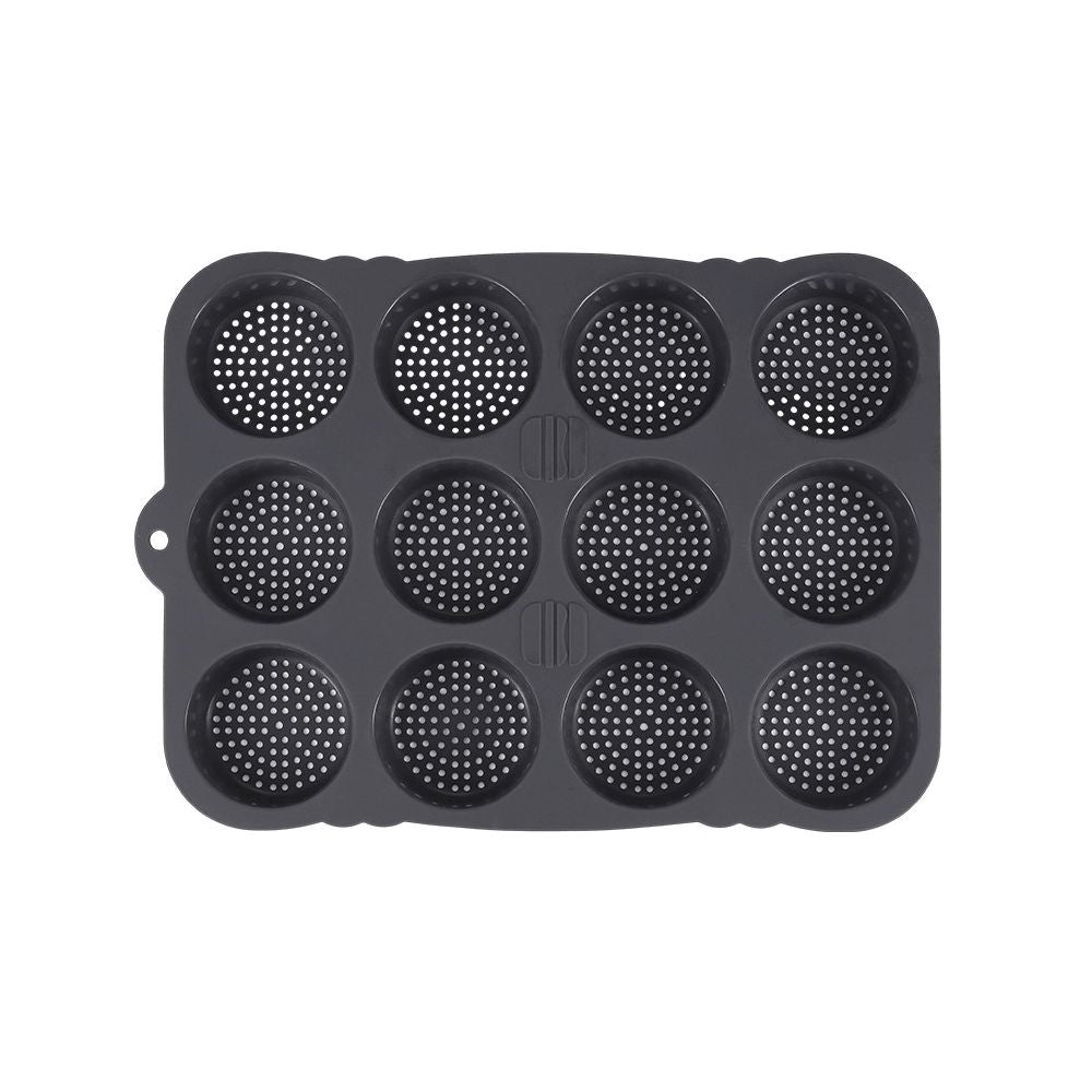 A black muffin pan featuring multiple holes for baking individual muffins or cupcakes.
