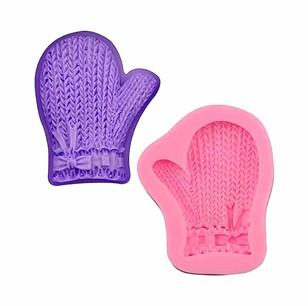 The image shows two silicone molds designed in the shape of hand gloves. One mold is purple and the other is pink. Both molds feature a textured surface that resembles knitted patterns, with decorative bows at the cuff area. The molds are positioned next to each other, showcasing their glove shape and intricate details.