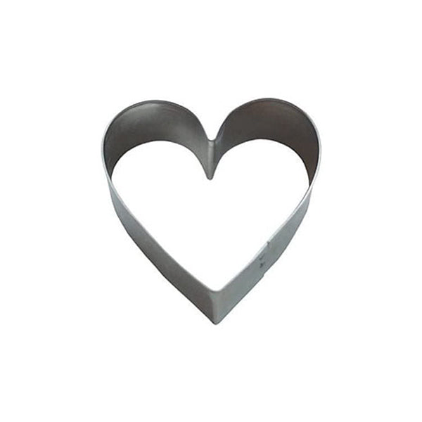 A stainless steel heart-shaped cookie cutter is displayed. The cutter has a smooth, rounded top creating a heart shape, and a flat base for pressing into dough. It is shown against a plain white background, emphasizing its shape and material.