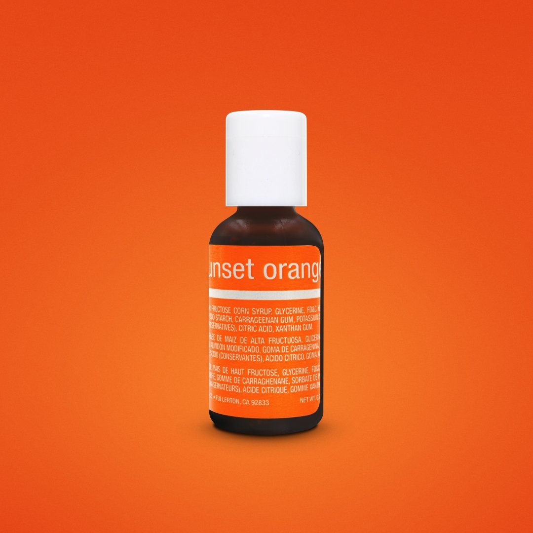 A brown plastic bottle with a white cap prominently displays the label &quot;sunset orange&quot; on its front. The label features white text on a bright orange background, detailing ingredients such as corn syrup, glycerin, and various thickeners. The bottle is set against a solid orange backdrop, emphasizing the vibrant color theme. The total volume of the product is 0.7 oz (20 ml), with additional text regarding the product&