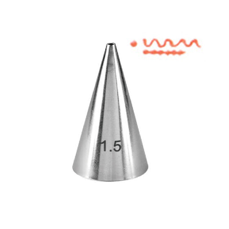 A metal piping nozzle with a pointed tip, labeled &quot;1.5&quot; on the side. Accompanying the nozzle is an illustration of a wavy line in orange, representing the type of design it can create when used for cake decorating or icing. The background is plain white.