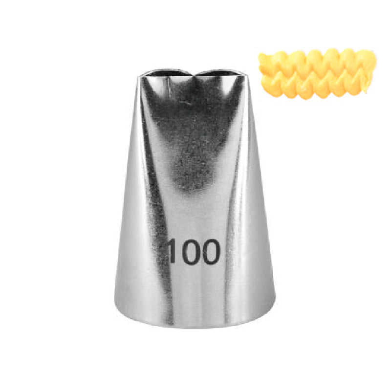 A metallic piping nozzle with a pointed tip, labeled "100" on one side. Next to it is a squiggle of yellow frosting, demonstrating the nozzle&